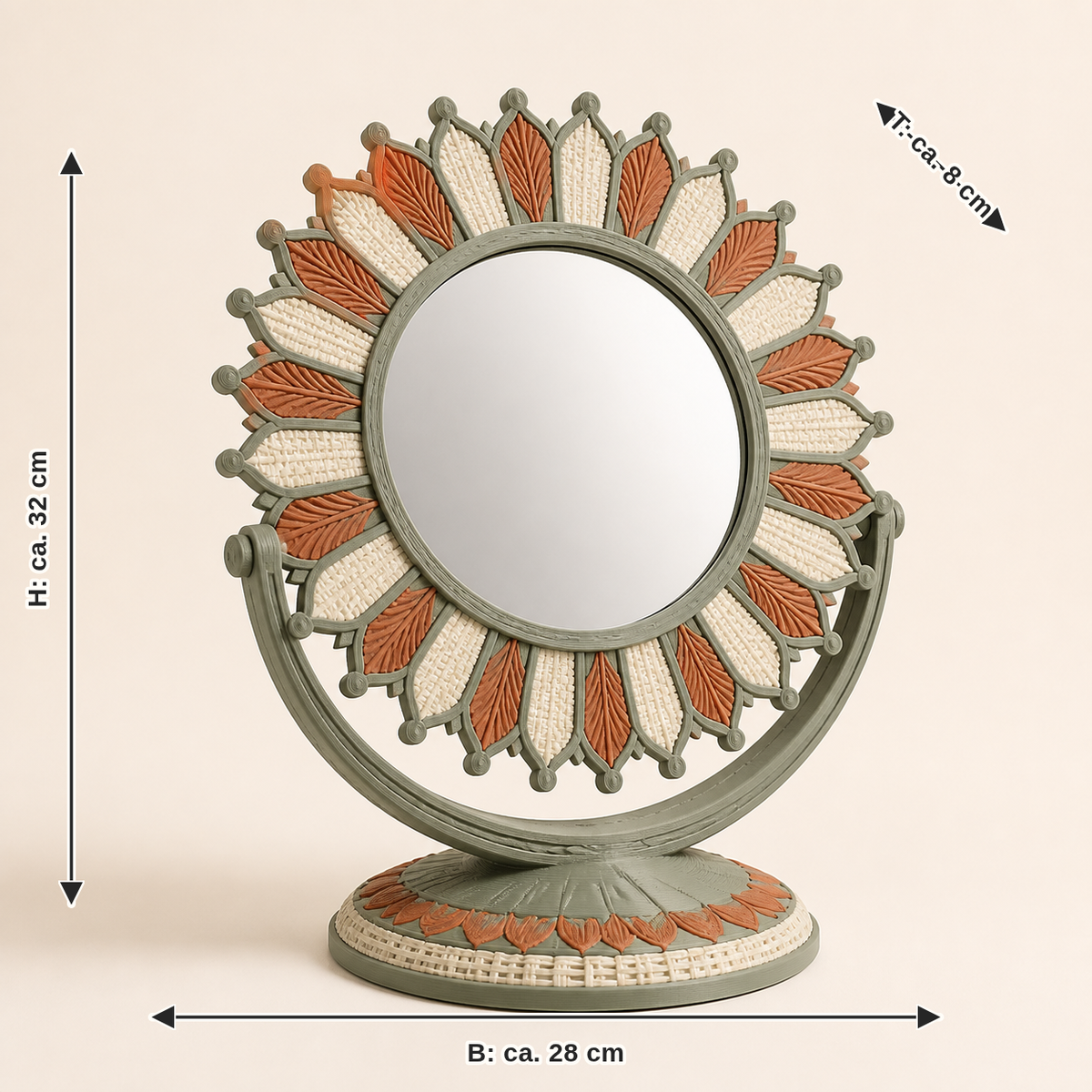 Dimensional image for tabletop mirror sun wreath – Country: width approx. 28 cm, depth approx. 8 cm, height approx. 32 cm