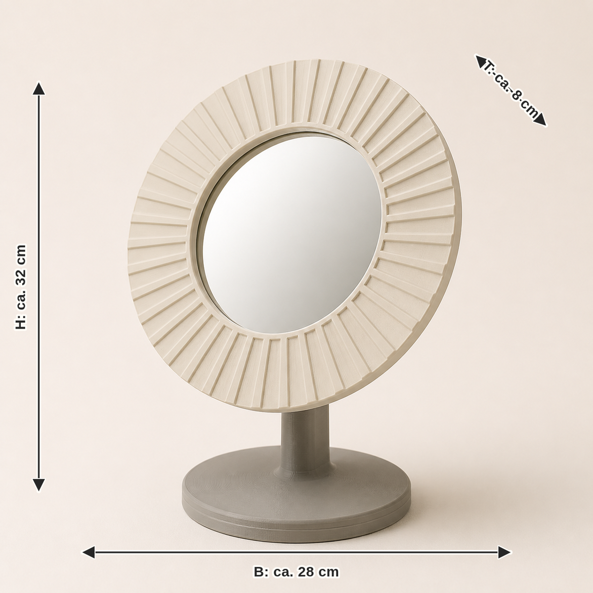 Dimensional image for tabletop mirror sun wreath – minimalist: width approx. 28 cm, depth approx. 8 cm, height approx. 32 cm