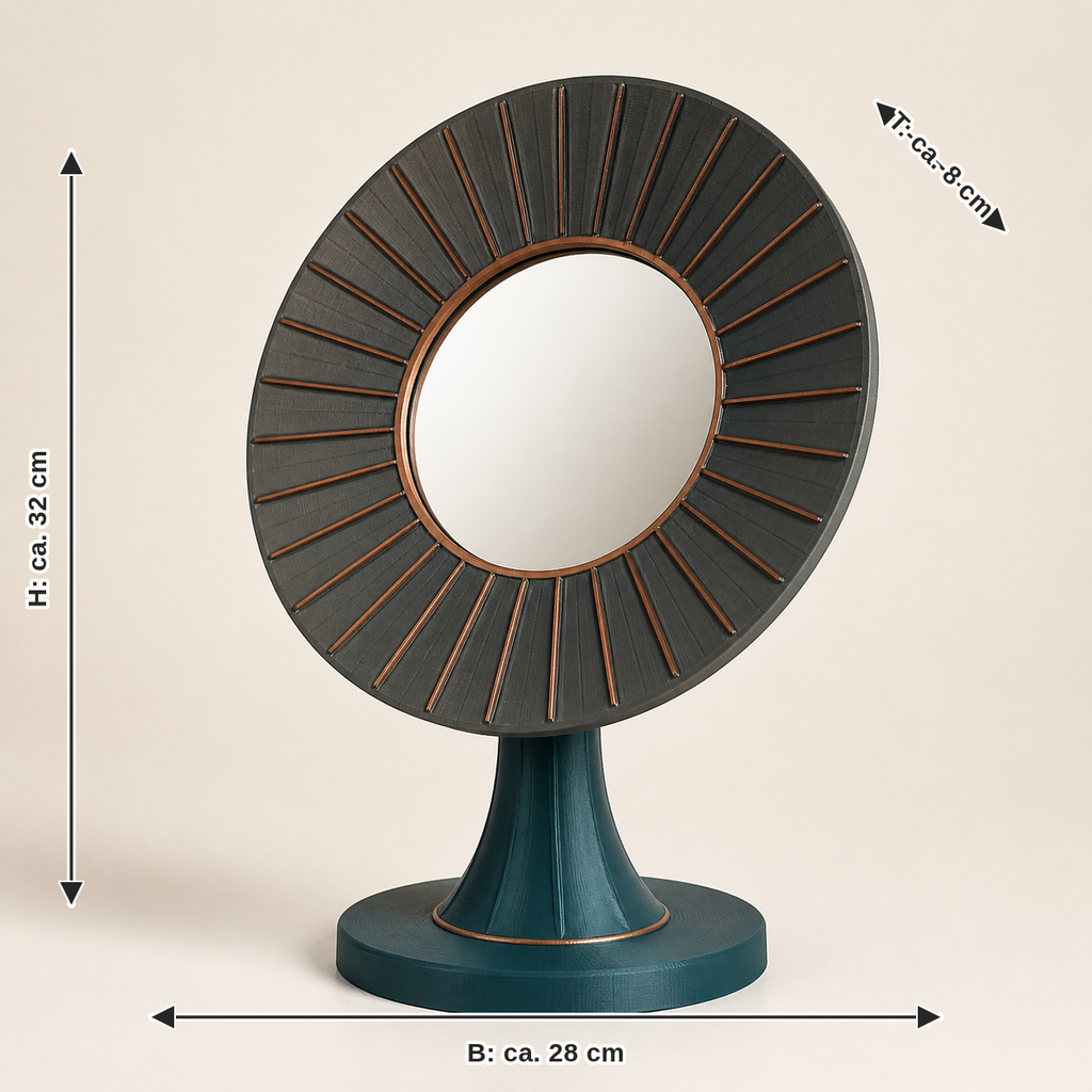Maßbild für Tischspiegel Sonnenkranz – Modern: Breite ca. 28 cm, Tiefe ca. 8 cm, Höhe ca. 32 cm