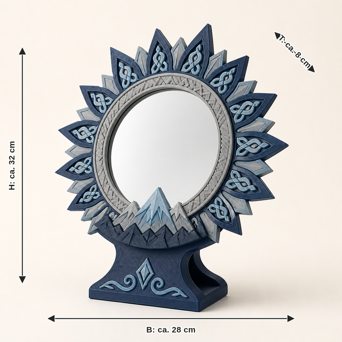 Dimensional image for tabletop mirror sun wreath – Nordic & Mythical: width approx. 28 cm, depth approx. 8 cm, height approx. 32 cm