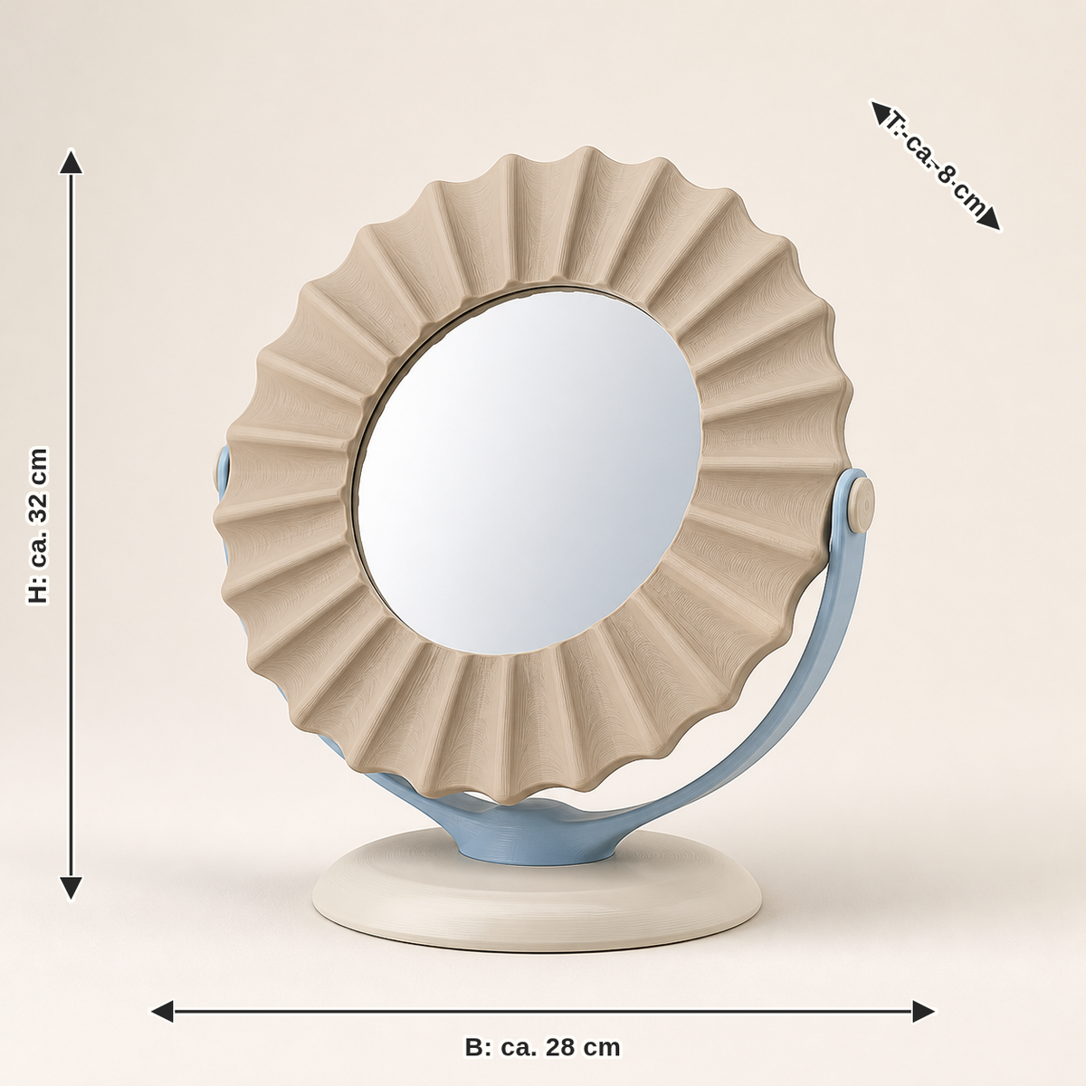 Dimensional image for tabletop mirror sun wreath – serene: width approx. 28 cm, depth approx. 8 cm, height approx. 32 cm