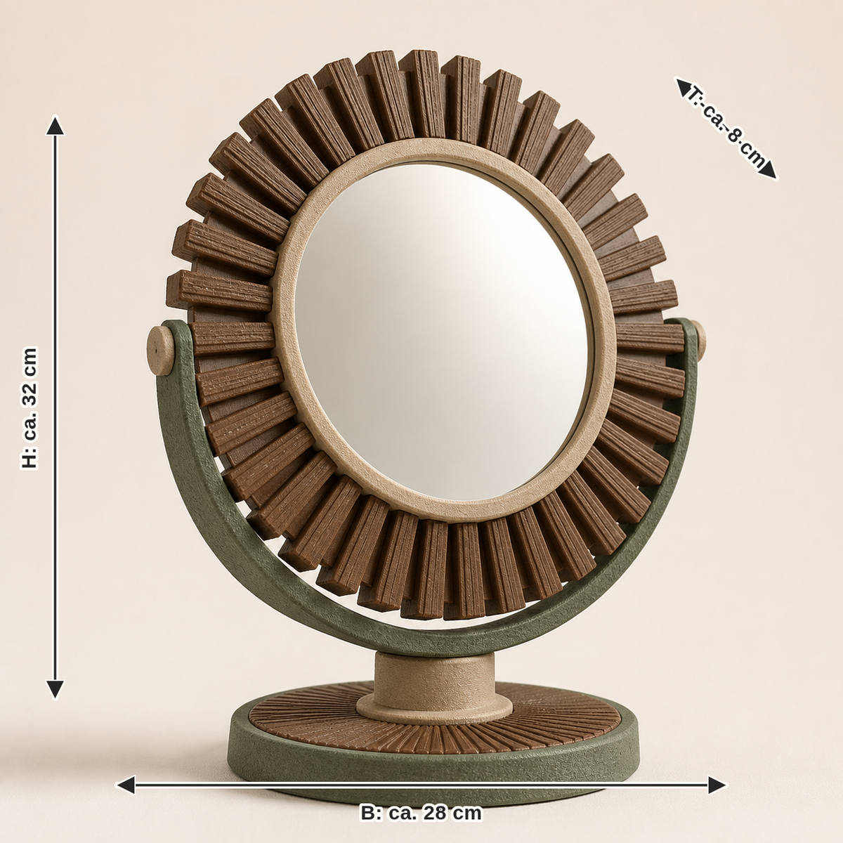 Dimensional image for tabletop mirror sun wreath – rustic: width approx. 28 cm, depth approx. 8 cm, height approx. 32 cm