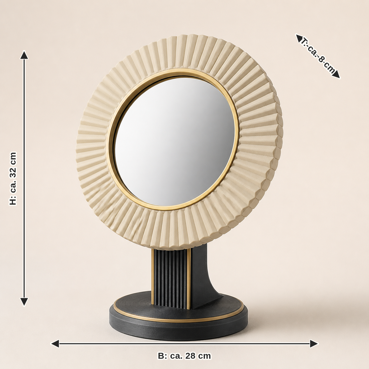 Measurement for tabletop mirror sun wreath – Timeless: width approx. 28 cm, depth approx. 8 cm, height approx. 32 cm