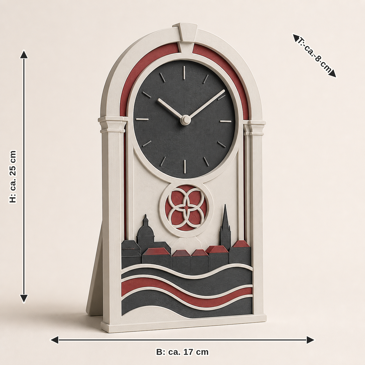 Dimensional image for table clock Altstadtfenster – Salzburg: width approx. 17 cm, depth approx. 8 cm, height approx. 25 cm