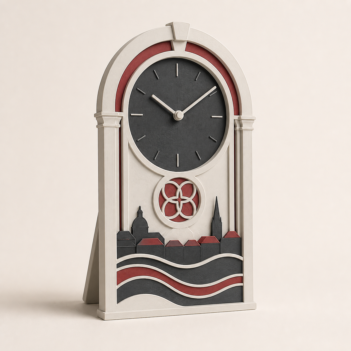 table clock Old Town window – Salzburg from PETG on bright studio background