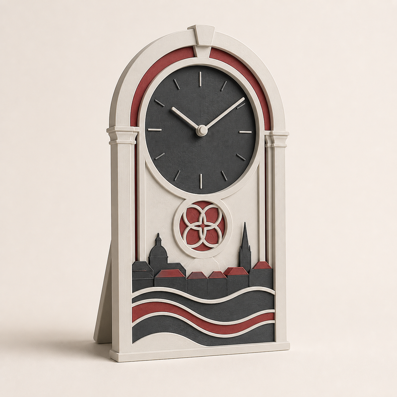 table clock Old Town window – Salzburg from PETG on bright studio background