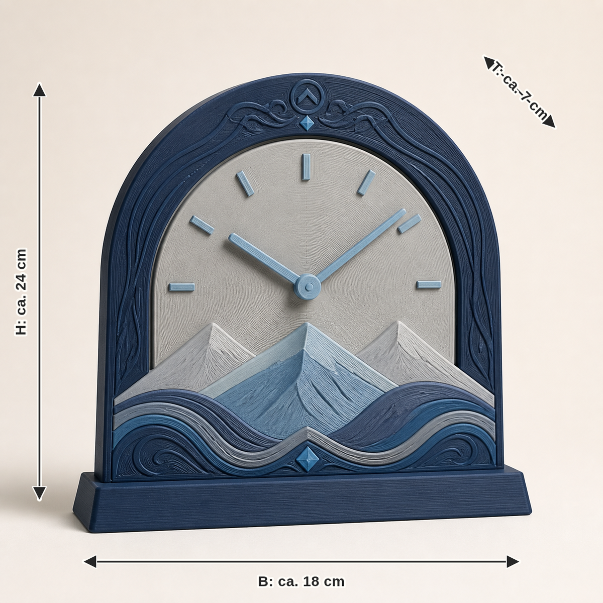 Measurement for table clock arc time – Nordic & Mythical: width approx. 18 cm, depth approx. 7 cm, height approx. 24 cm