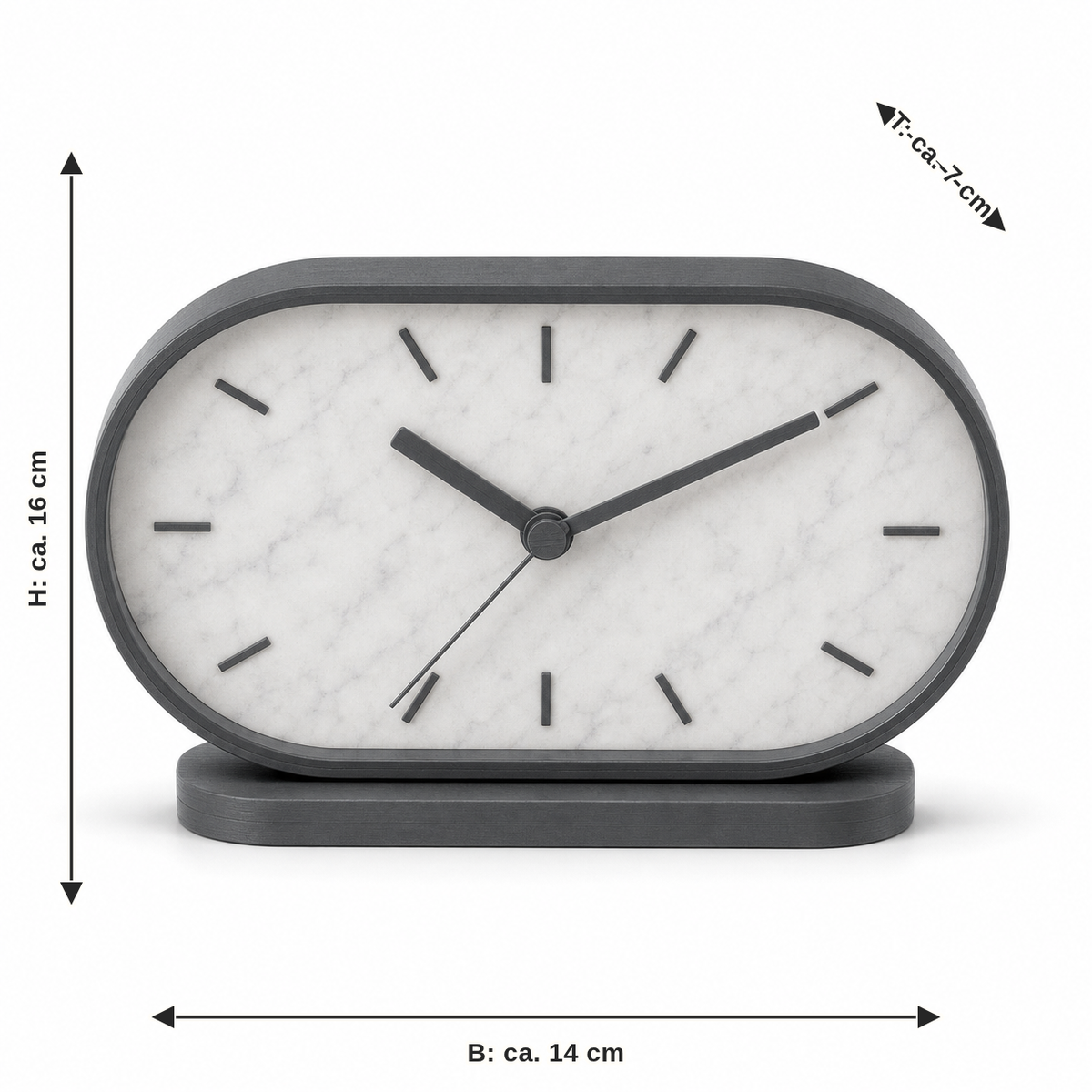 Dimensional image for table clock Marble-optic oval: width approx. 14 cm, depth approx. 7 cm, height approx. 16 cm