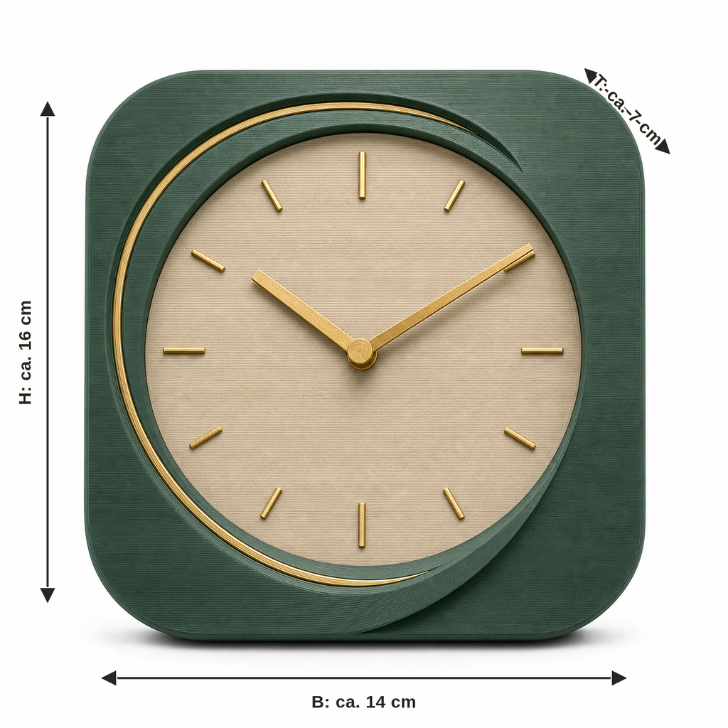 Dimensional image for table clock Emerald window: width approx. 14 cm, depth approx. 7 cm, height approx. 16 cm