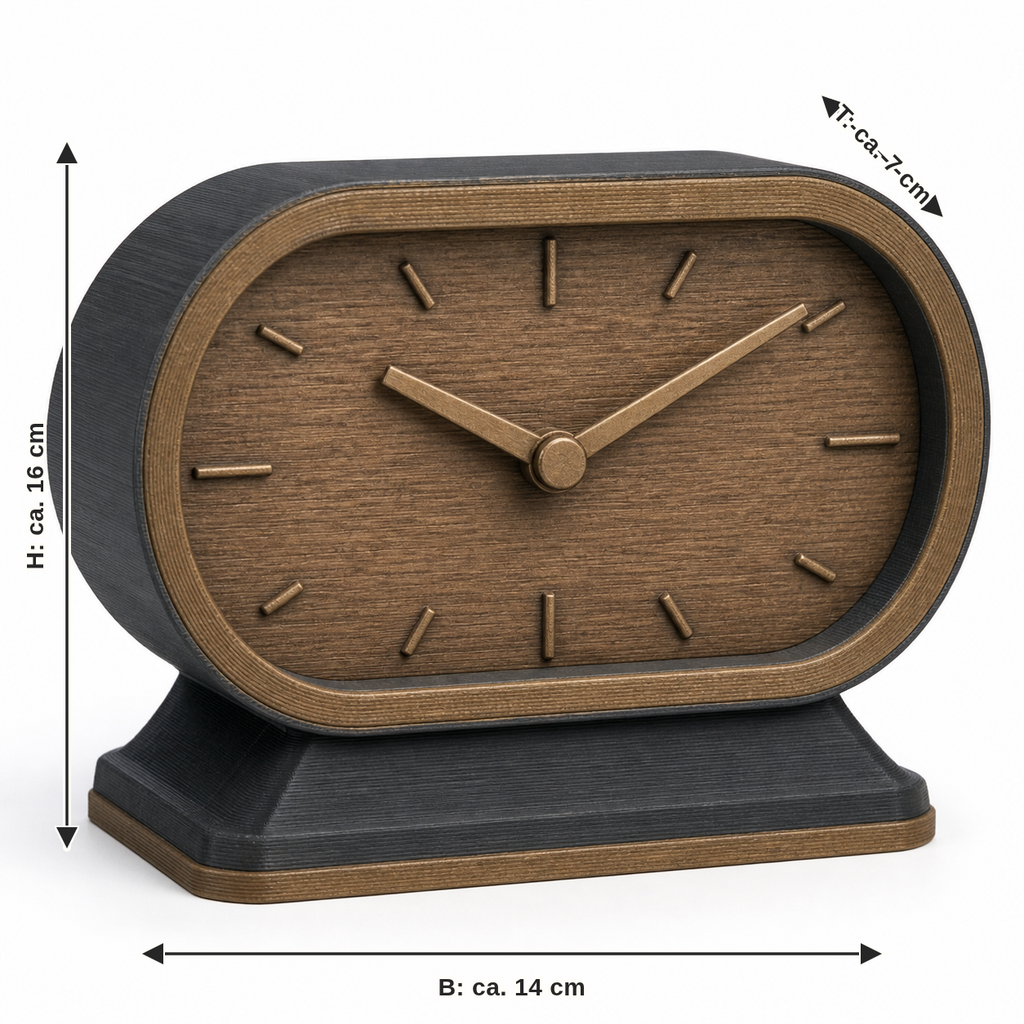 Dimensional image for table clock workbench: width approx. 14 cm, depth approx. 7 cm, height approx. 16 cm
