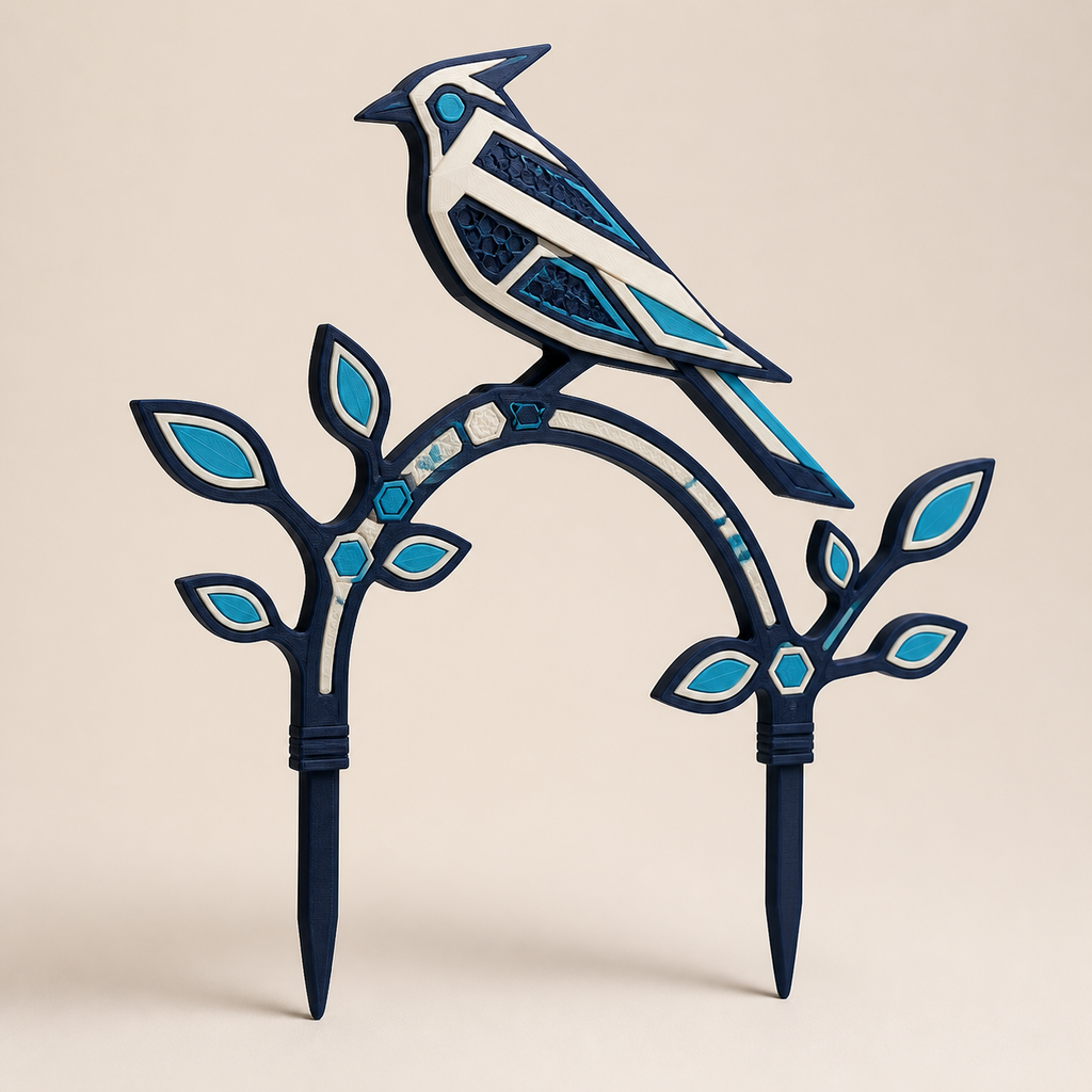 Topfstecker Vogelzweig im Stil Futuristisch aus 3D-gedrucktem PETG in Creme, Dunkelblau, Cyan
