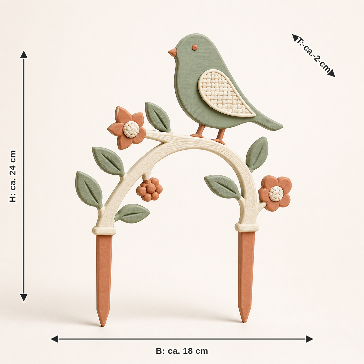 Maßbild für Topfstecker Vogelzweig – Landhaus: Breite ca. 18 cm, Tiefe ca. 2 cm, Höhe ca. 24 cm