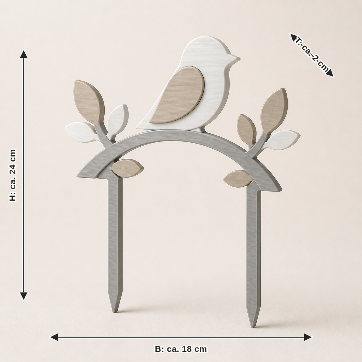 Maßbild für Topfstecker Vogelzweig – Minimalistisch: Breite ca. 18 cm, Tiefe ca. 2 cm, Höhe ca. 24 cm