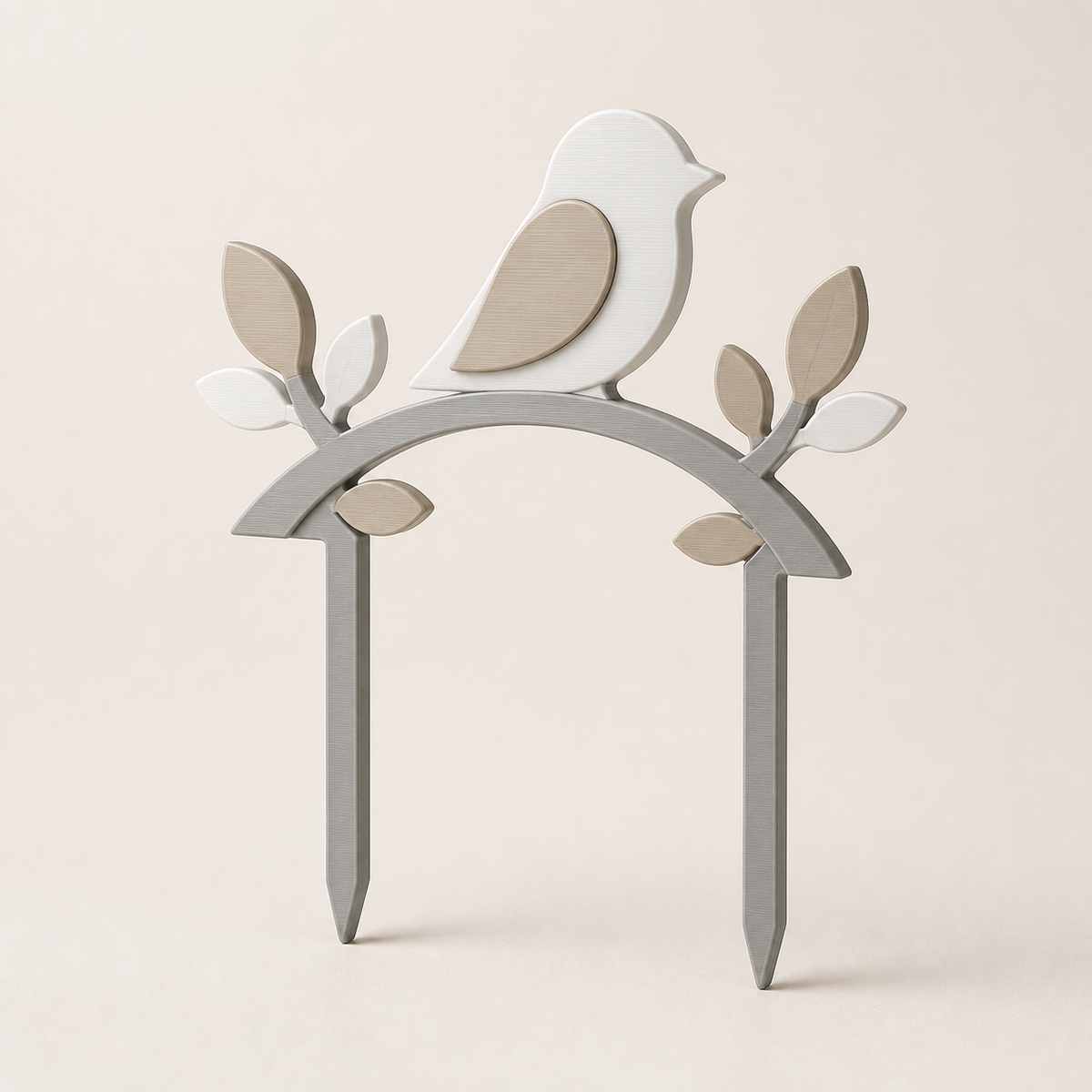 Topfstecker Vogelzweig im Stil Minimalistisch aus 3D-gedrucktem PETG in Sand, Warmweiß, Grau