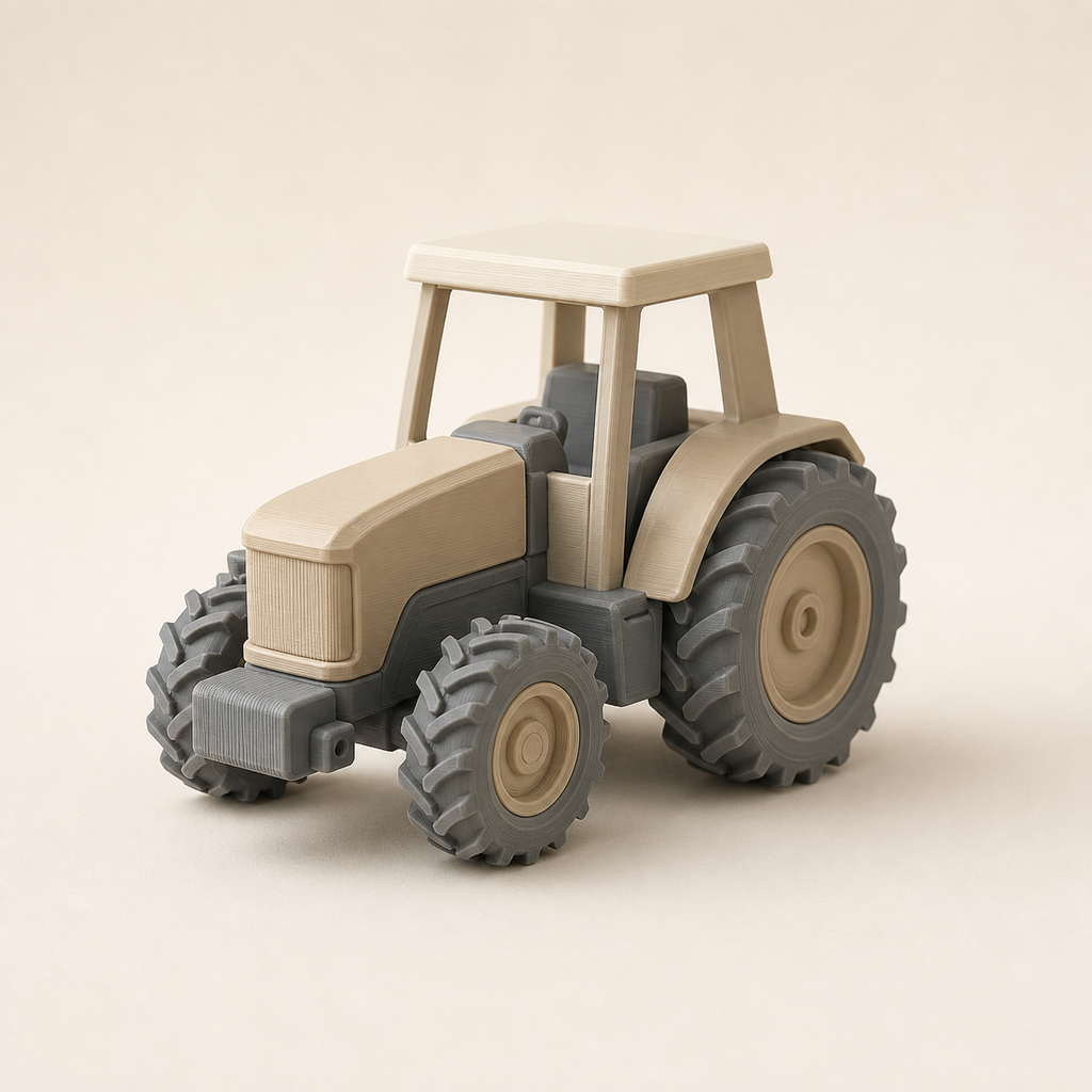 Traktor-Modell Feldwerk – Minimalistisch aus PETG auf hellem Studiohintergrund