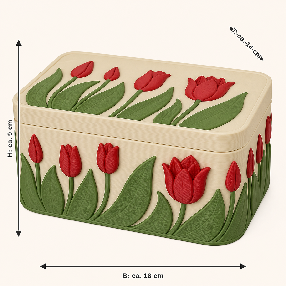 Dimensional image for tulip season-storage box Tulip box: width approx. 18 cm, depth approx. 14 cm, height approx. 9 cm