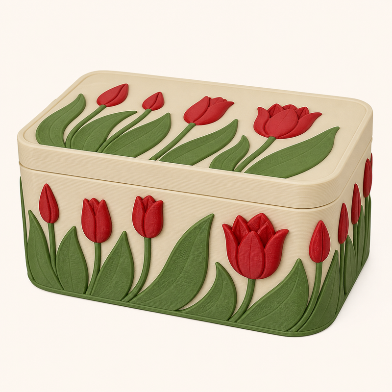 tulip season-storage box tulip box in 3D-printed PETG in tulip red, leaf green, cream