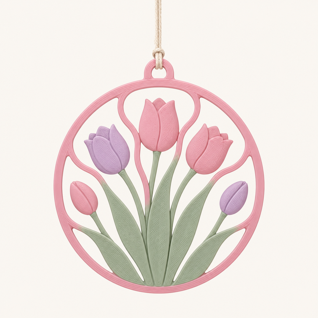 tulip season-window ornament chalice window in 3D printed PETG in rose, lilac, sage green