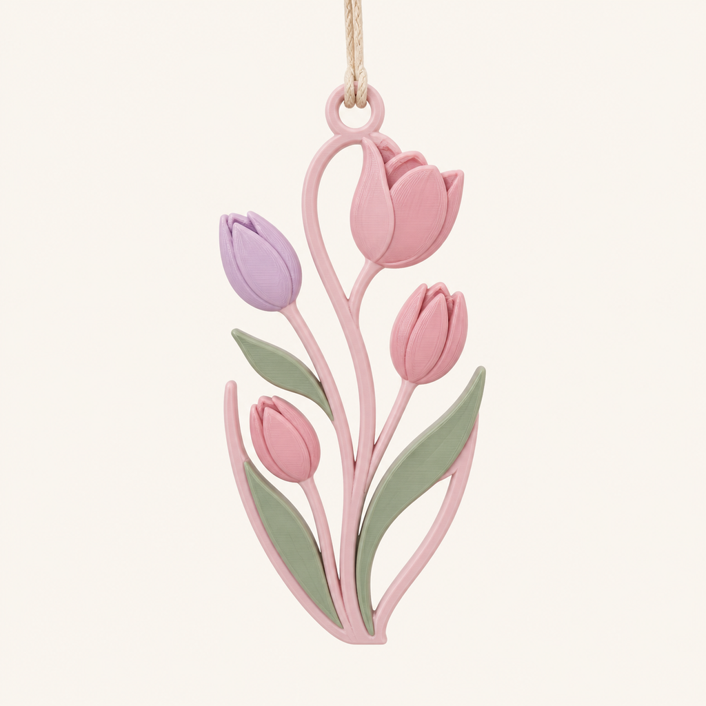 Tulpenzeit-Hängedeko Blütenzweig aus 3D-gedrucktem PETG in Rosé, Flieder, Salbeigrün