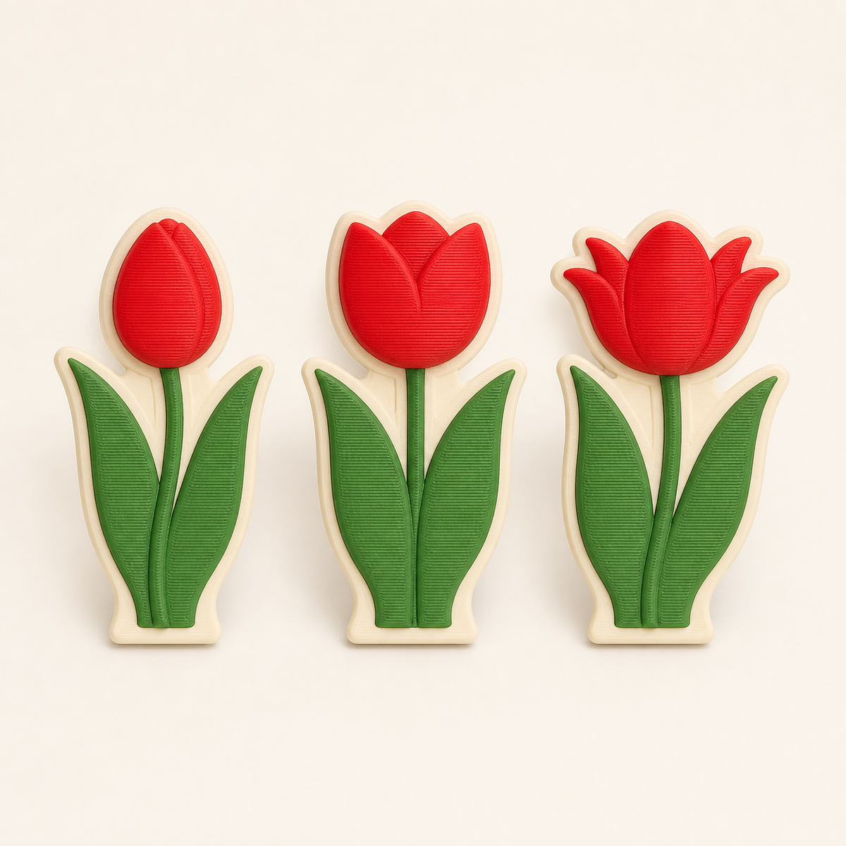tulip season magnet set tulip trio from 3D-printed PETG in tulip red, leafy green, cream