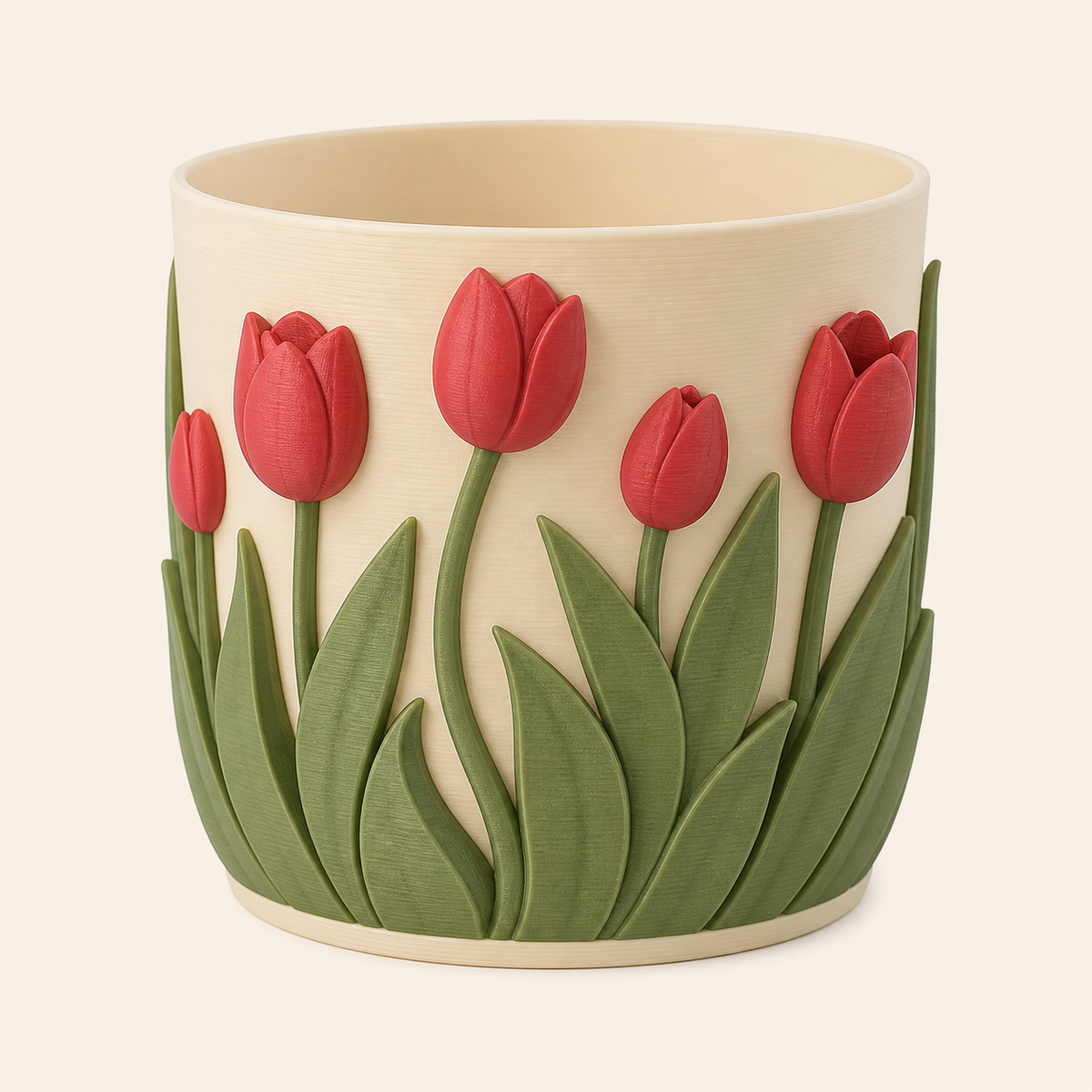tulip season planter flower pot made of 3D-printed PETG in tulip red, leaf green, cream