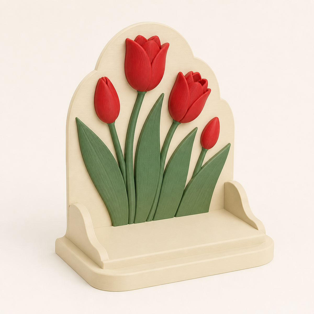 tulip season-Display stands flower stage from 3D-printed PETG in tulip red, leaf green, cream