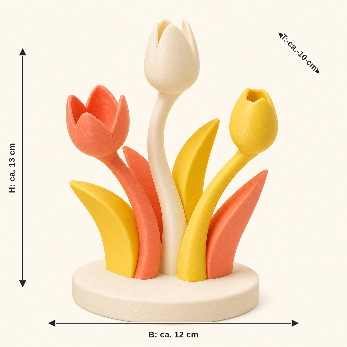 Dimensional image for tulip season-ring holder leaf branch: width approx. 12 cm, depth approx. 10 cm, height approx. 13 cm