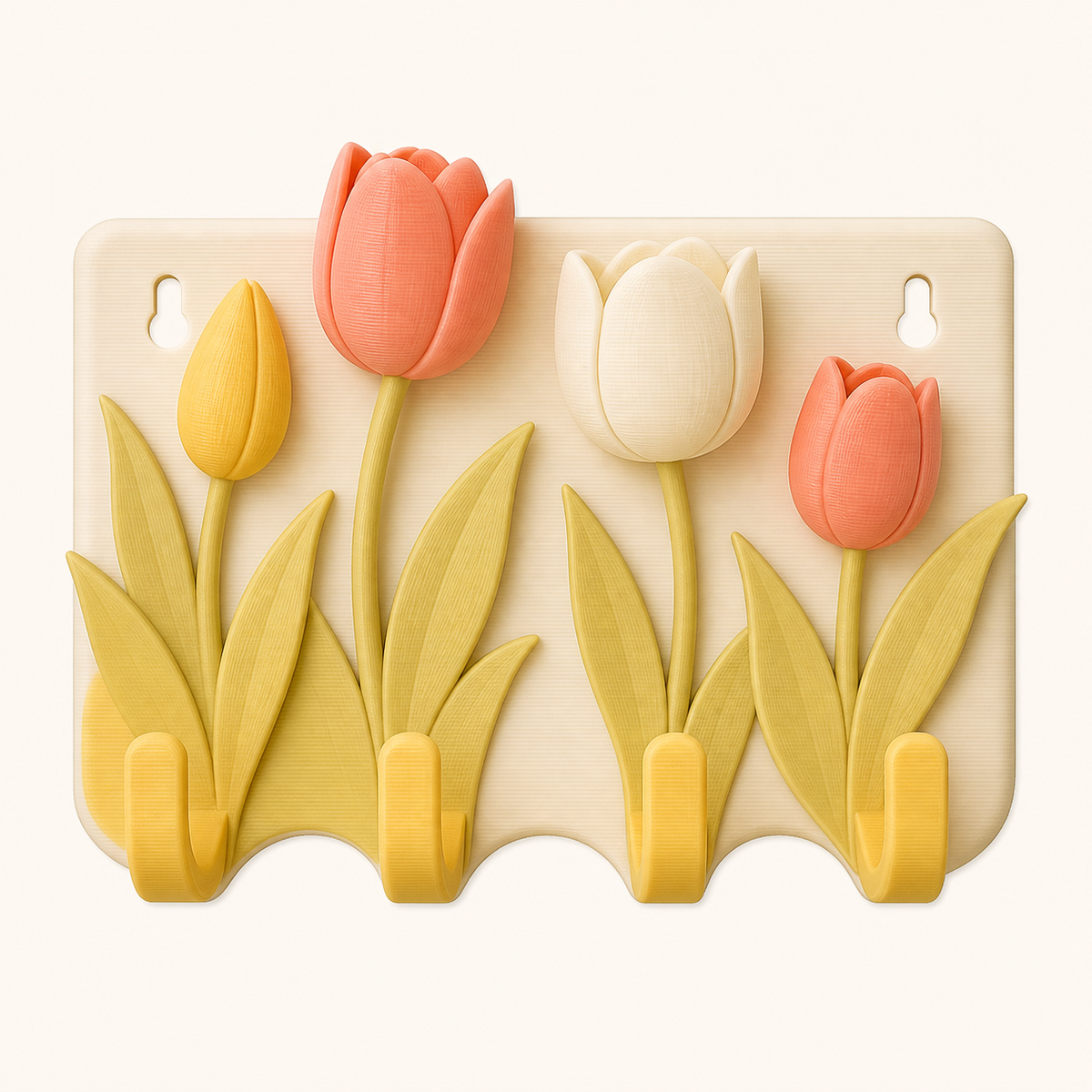 3D printed PETG tulip season-key rack in sun yellow, coral, warm white