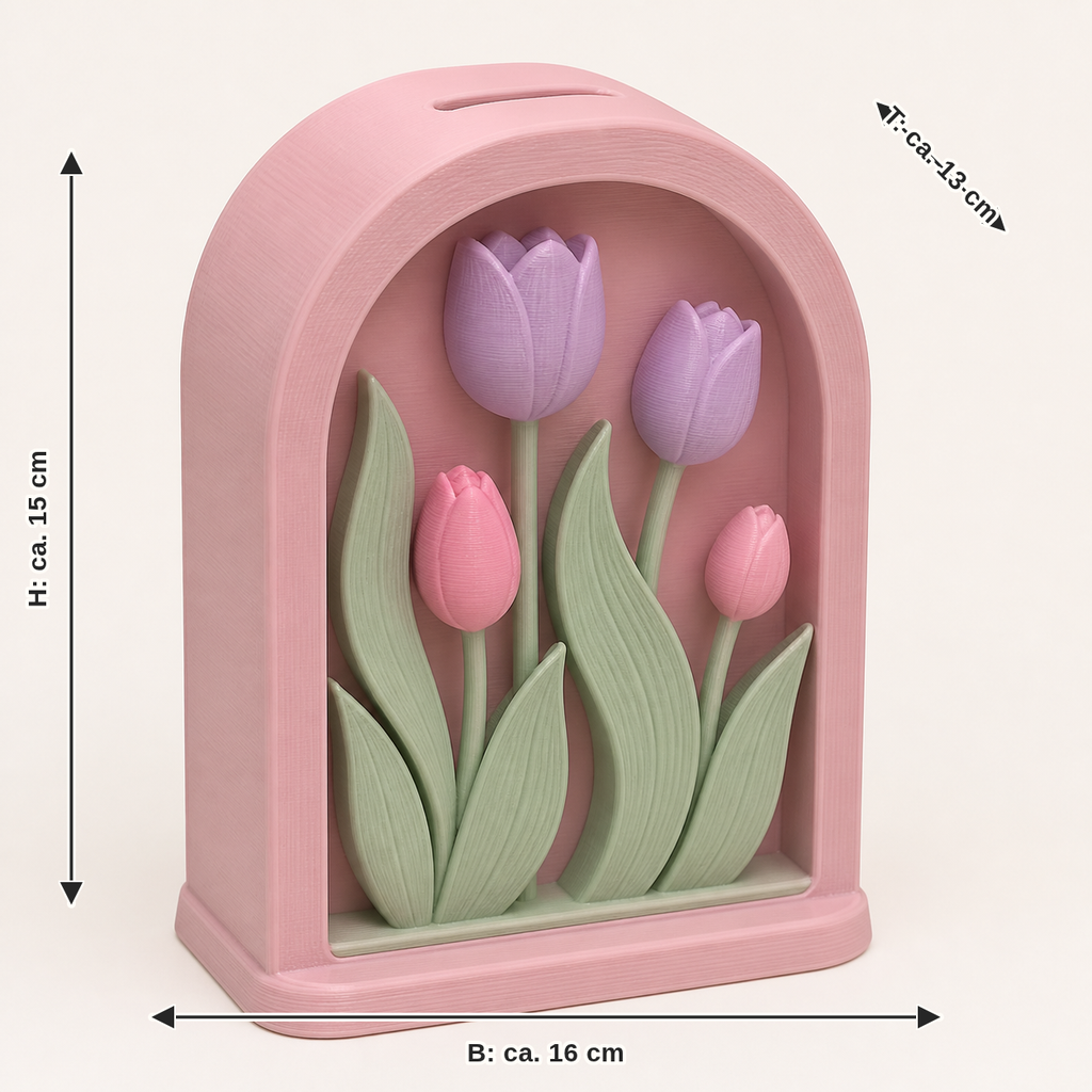 Maßbild für Tulpenzeit-Sparbüchse Frühlingsfenster: Breite ca. 16 cm, Tiefe ca. 13 cm, Höhe ca. 15 cm