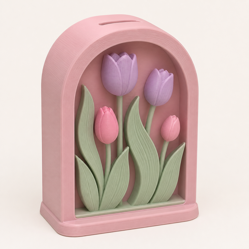 Tulpenzeit-Sparbüchse Frühlingsfenster aus 3D-gedrucktem PETG in Rosé, Flieder, Salbeigrün