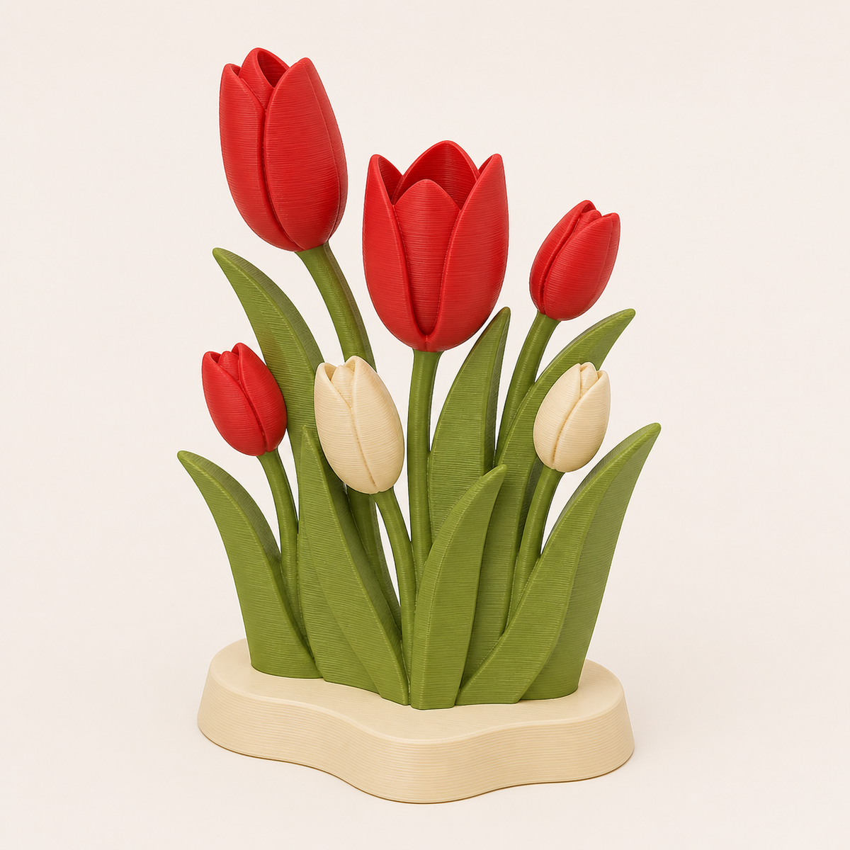 3D printed PETG spring bouquet in tulip season, leaf green, cream