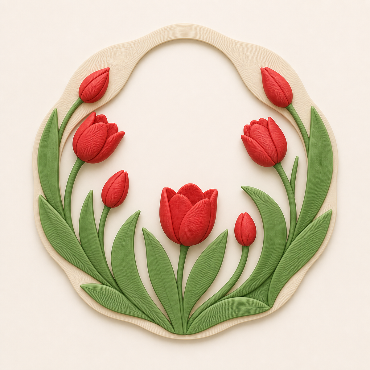 tulip season-wall relief Tulip wreath made of 3D printed PETG in tulip red, leaf green, cream