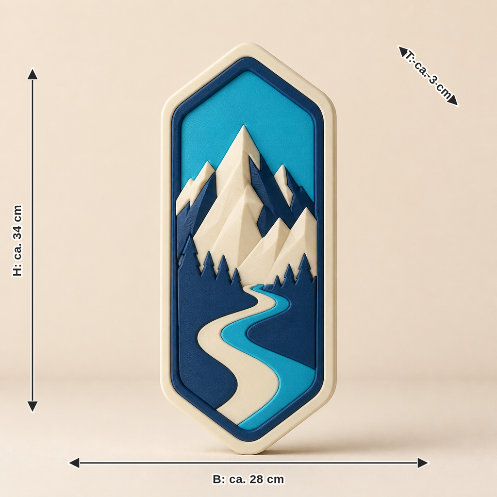 Maßbild für Türhänger Bergpfad – Futuristisch: Breite ca. 28 cm, Tiefe ca. 3 cm, Höhe ca. 34 cm