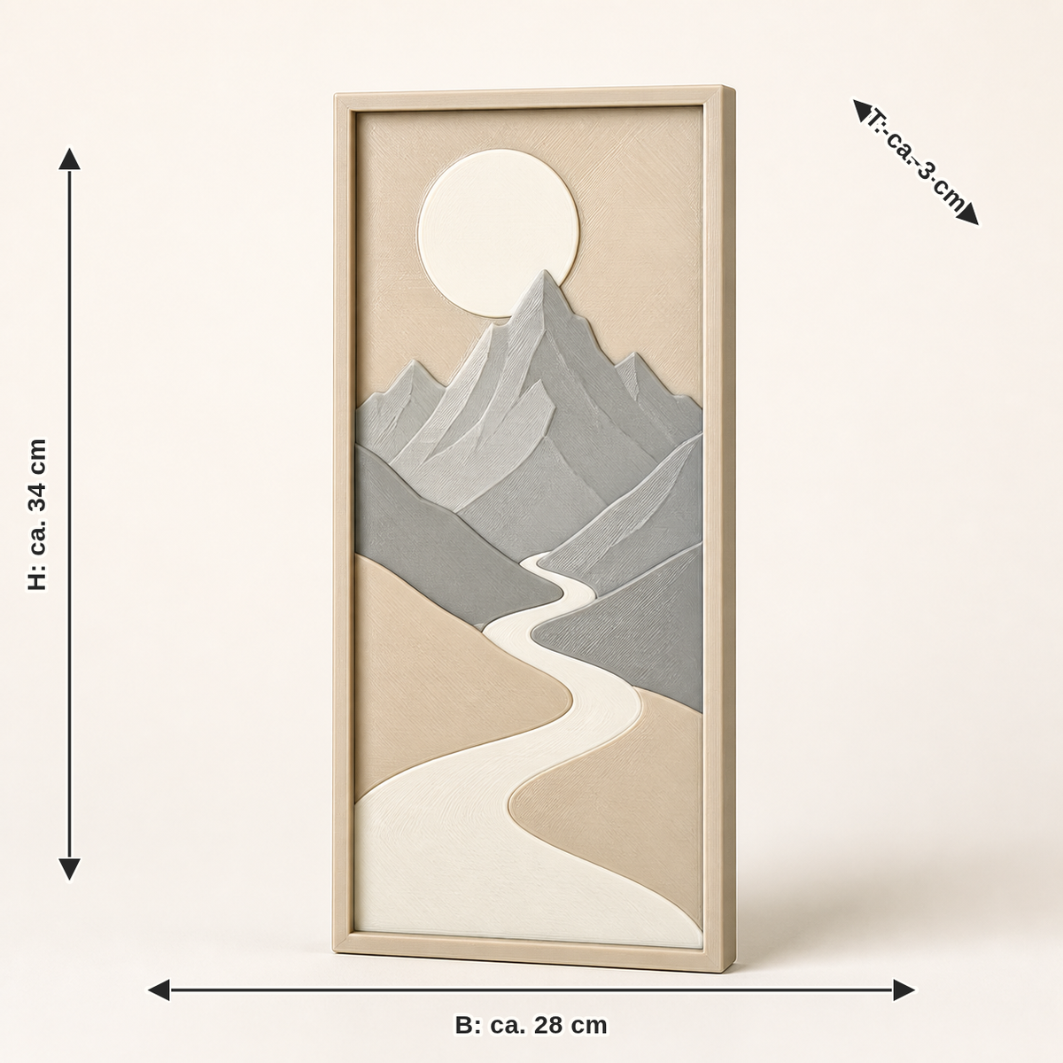 Maßbild für Türhänger Bergpfad – Minimalistisch: Breite ca. 28 cm, Tiefe ca. 3 cm, Höhe ca. 34 cm
