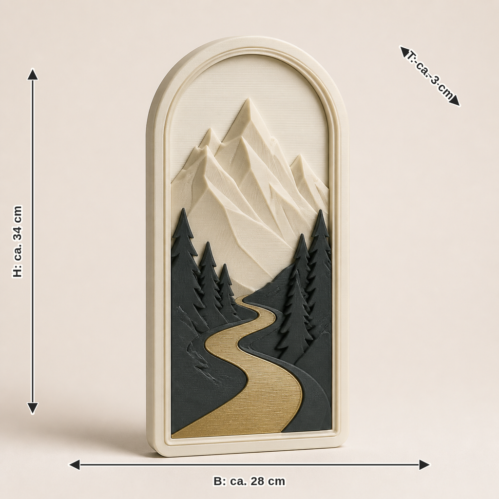 Maßbild für Türhänger Bergpfad – Zeitlos: Breite ca. 28 cm, Tiefe ca. 3 cm, Höhe ca. 34 cm