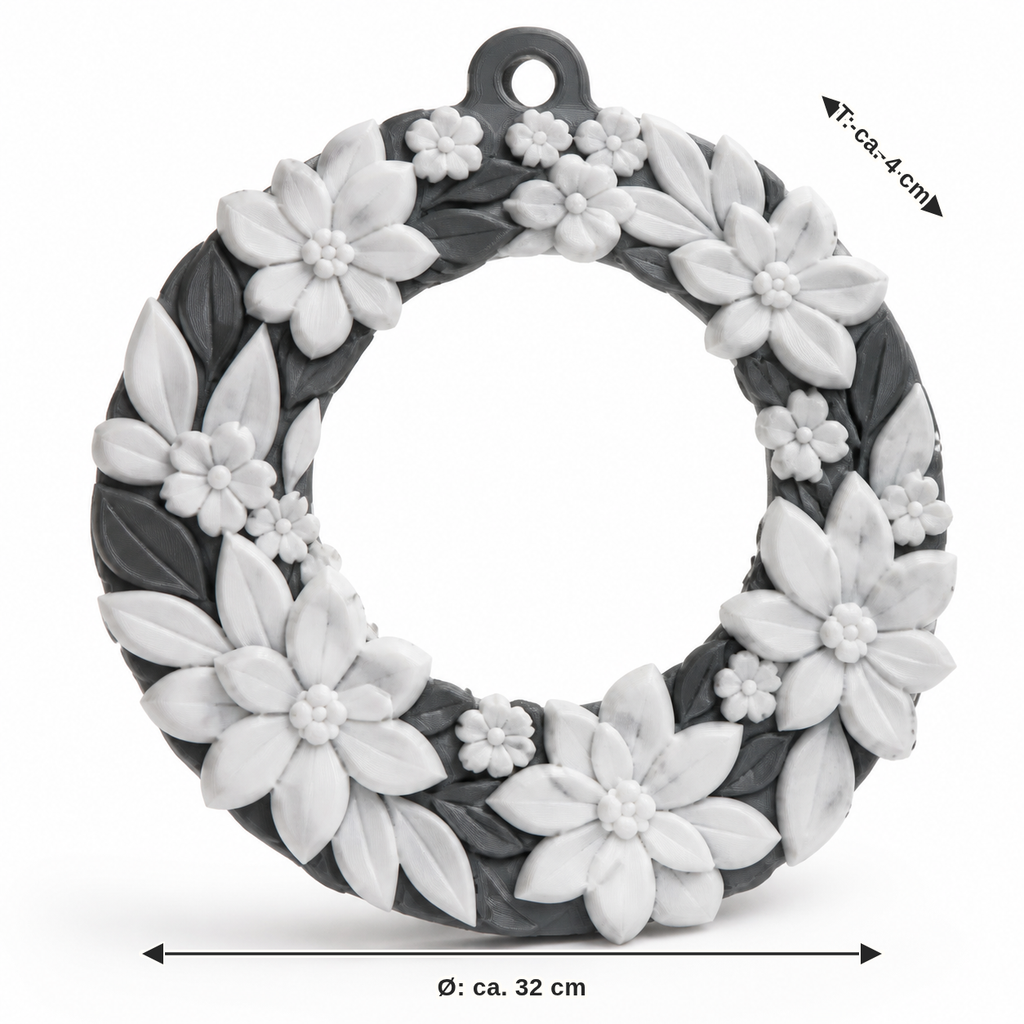 Maßbild für Türkranz Marmoroptik-blüte: Durchmesser ca. 32 cm, Tiefe ca. 4 cm