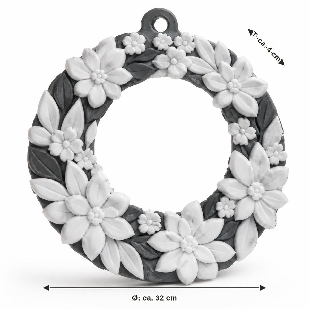 Maßbild für Türkranz Marmoroptik-blüte: Durchmesser ca. 32 cm, Tiefe ca. 4 cm