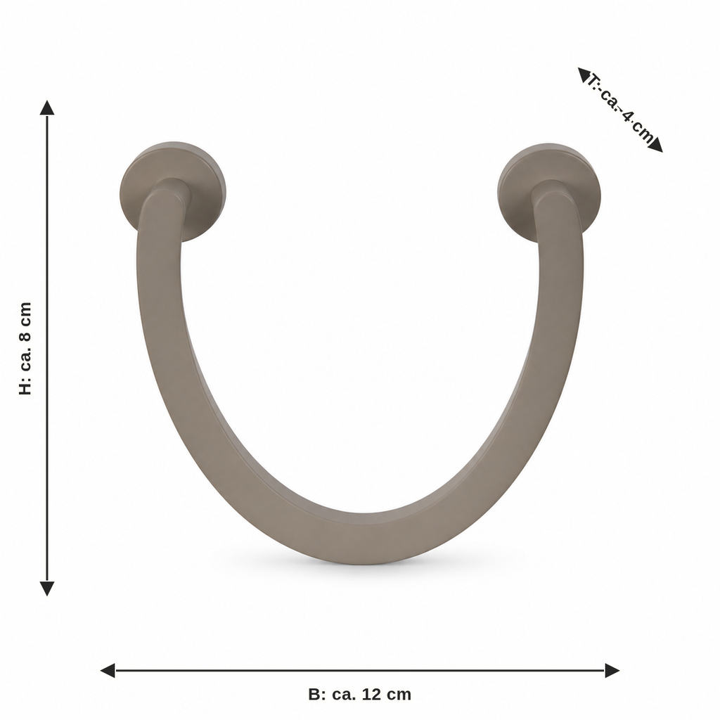 Dimensional image for U-shaped curtain holder in taupe: width approx. 12 cm, depth approx. 4 cm, height approx. 8 cm