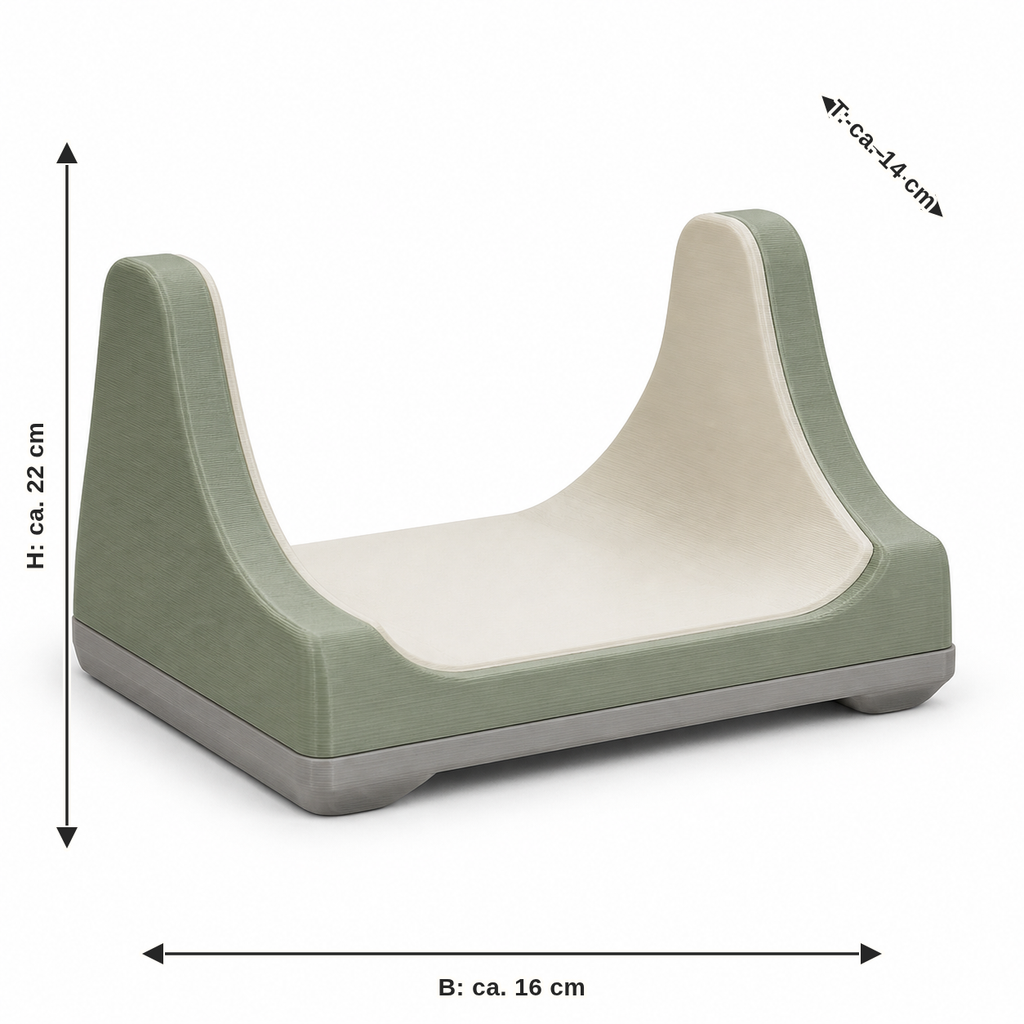 Maßbild für U-förmiger Präsentationsständer in Salbei und Creme: Breite ca. 16 cm, Tiefe ca. 14 cm, Höhe ca. 22 cm