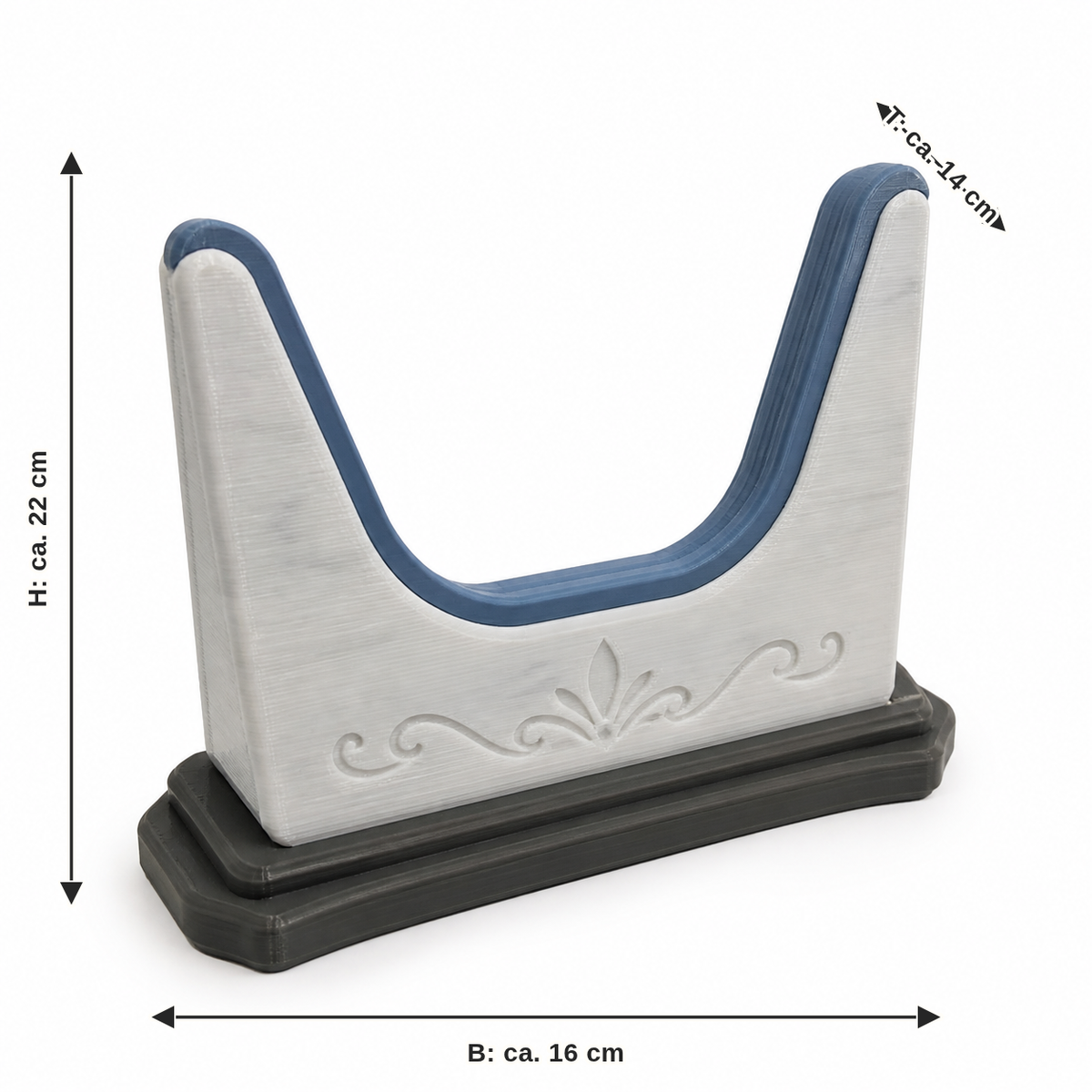Dimensional image for U-shaped Display stands with branch relief: width approx. 16 cm, depth approx. 14 cm, height approx. 22 cm