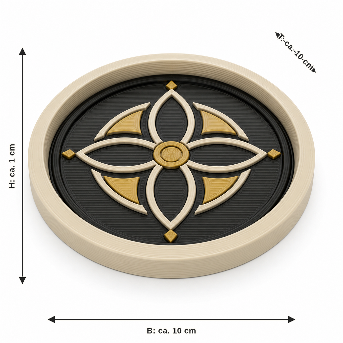 Maßbild für Untersetzer Goldblüte: Breite ca. 10 cm, Tiefe ca. 10 cm, Höhe ca. 1 cm