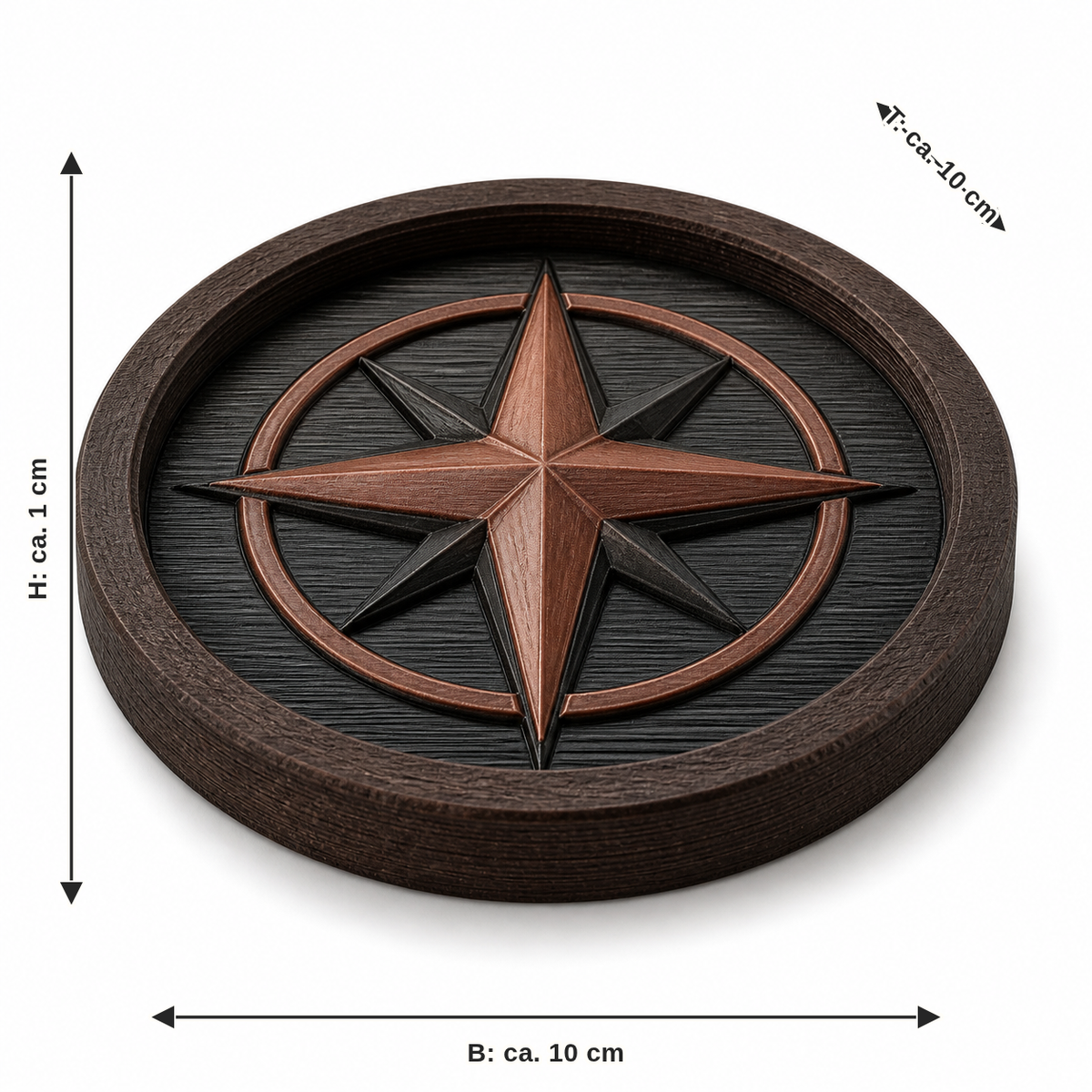 Maßbild für Untersetzer Kupferkompass: Breite ca. 10 cm, Tiefe ca. 10 cm, Höhe ca. 1 cm