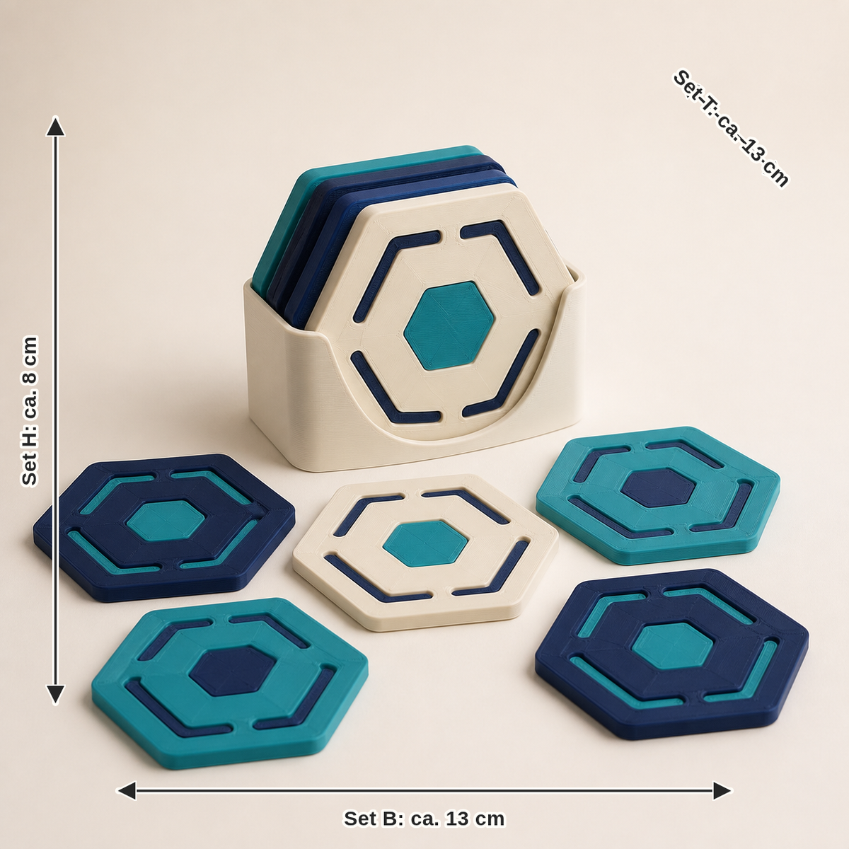 Maßbild für Untersetzer-Set Kontur – Futuristisch: Set Breite ca. 13 cm, Tiefe ca. 13 cm, Höhe ca. 8 cm
