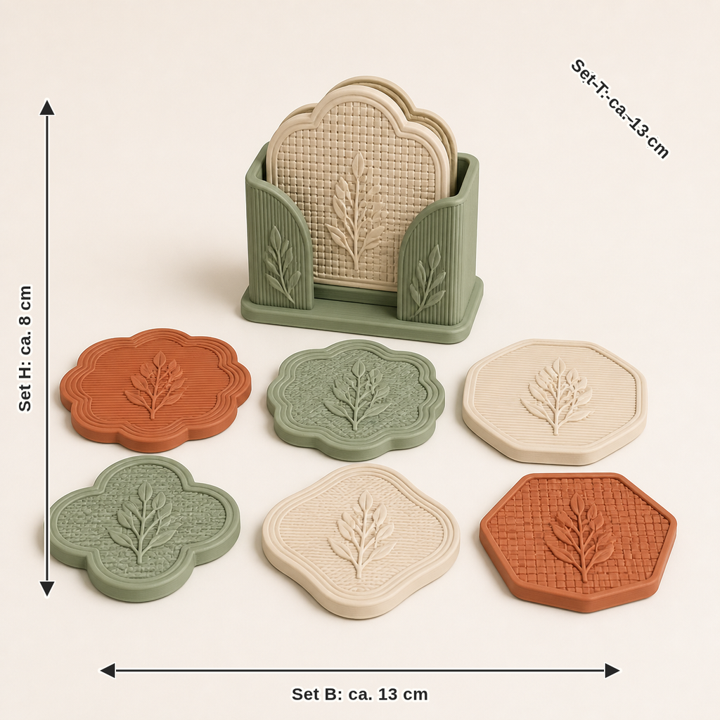 Maßbild für Untersetzer-Set Kontur – Landhaus: Set Breite ca. 13 cm, Tiefe ca. 13 cm, Höhe ca. 8 cm