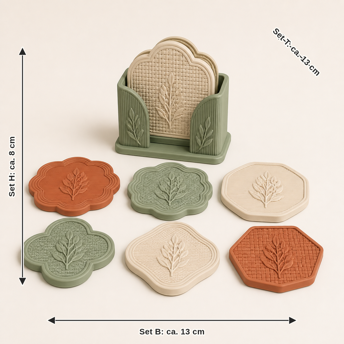 Maßbild für Untersetzer-Set Kontur – Landhaus: Set Breite ca. 13 cm, Tiefe ca. 13 cm, Höhe ca. 8 cm