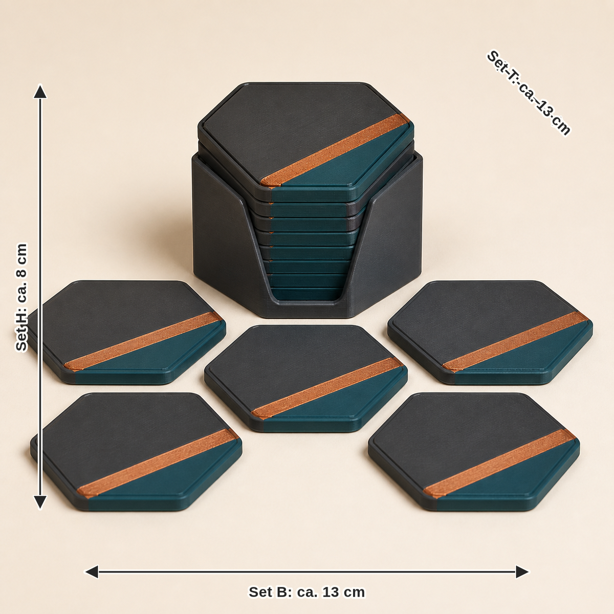 Maßbild für Untersetzer-Set Kontur – Modern: Set Breite ca. 13 cm, Tiefe ca. 13 cm, Höhe ca. 8 cm