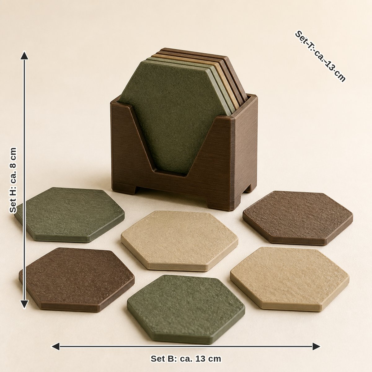 Maßbild für Untersetzer-Set Kontur – Urig: Set Breite ca. 13 cm, Tiefe ca. 13 cm, Höhe ca. 8 cm