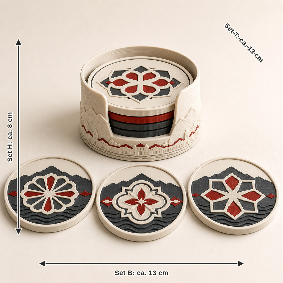 Maßbild für Untersetzer-Set Mirabellrosette – Salzburg: Set Breite ca. 13 cm, Tiefe ca. 13 cm, Höhe ca. 8 cm