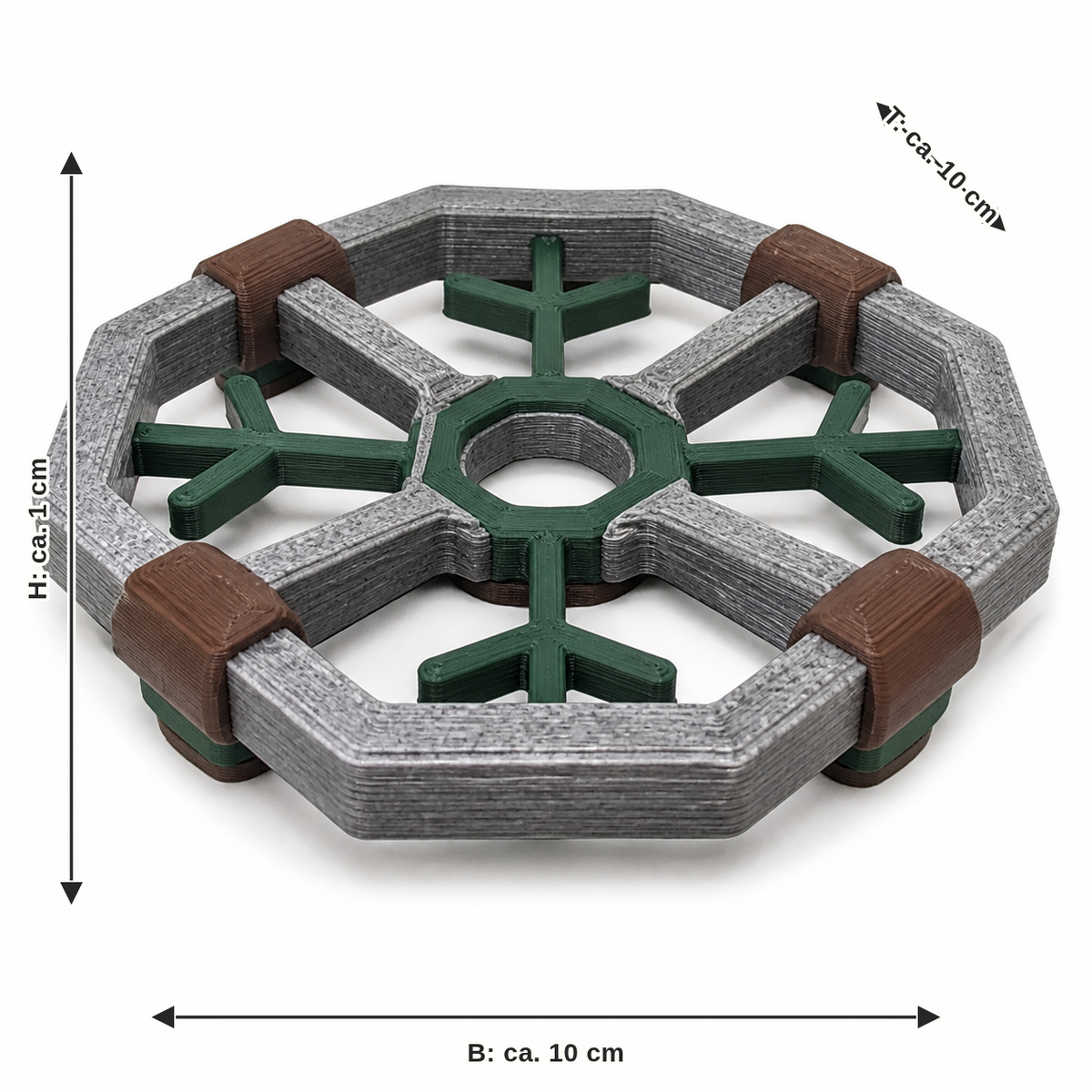 Maßbild für Untersetzer Waldspeiche: Breite ca. 10 cm, Tiefe ca. 10 cm, Höhe ca. 1 cm