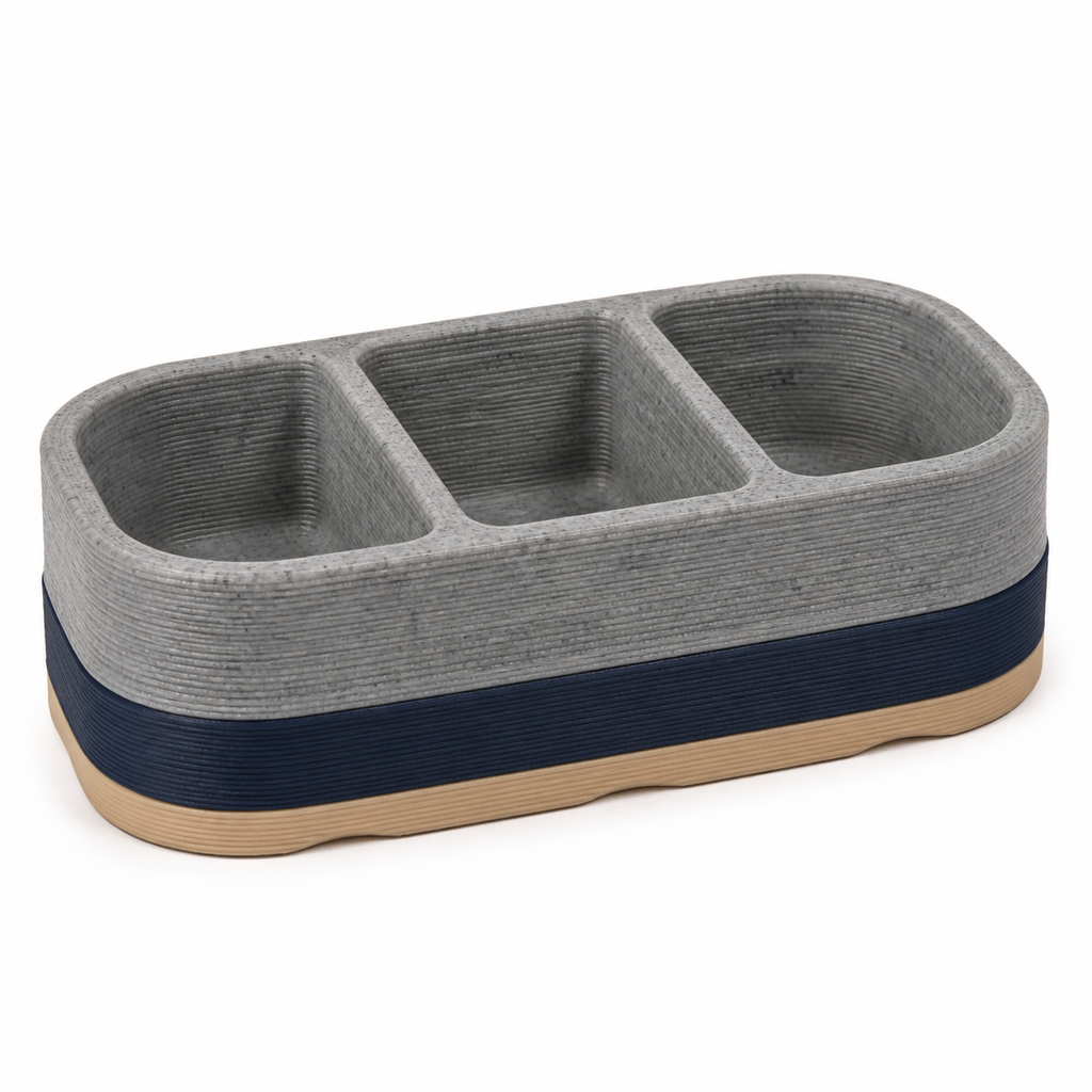 Badablage mit drei Fächern in Steinoptik – Produktansicht auf weißem Hintergrund; Farben: Navyblau, Steingrau und Beige.